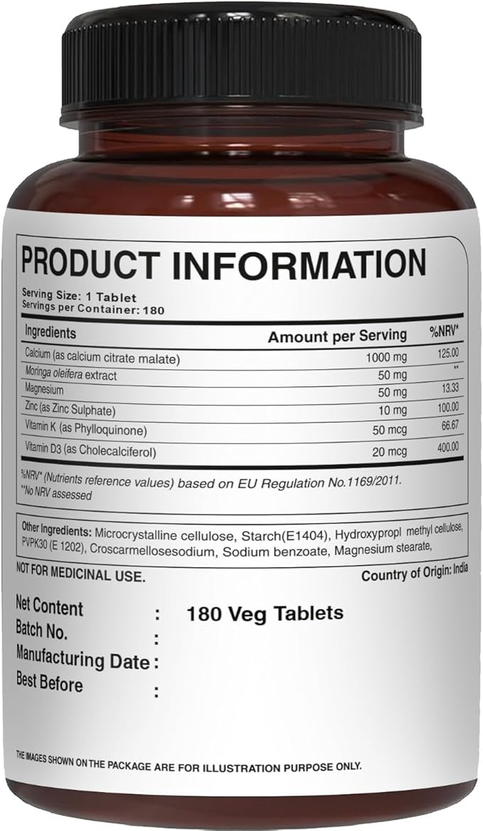 Pure Nutrition Ultra Calcium Citrate 1000mg Highly absorbable Calcium Supplement with Calcium Citrate Malate, Vitamin D, Zinc and Magnesium - 1 Tablet Daily (180 Veg Tabs) Non-GMO | Gluten-Free
