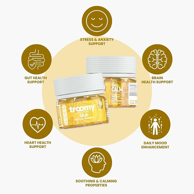 Troomy Reishi Calm Gummies Natural Pineapple Peach Flavor, Gelatin-Free, Gluten-Free, and Vegetarian - 60 Count