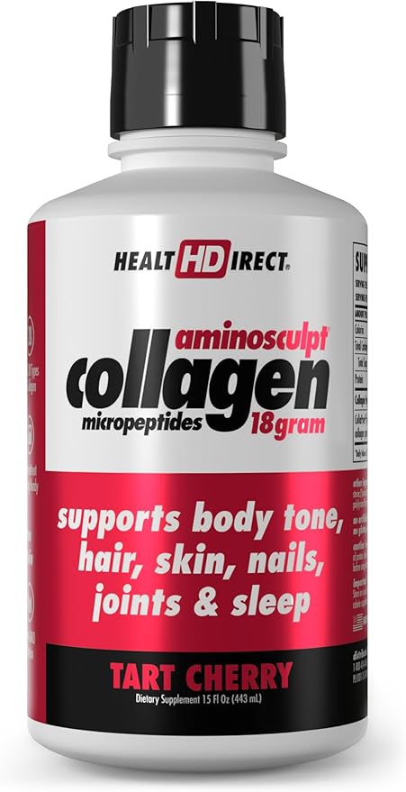 HEALTH DIRECT AminoSculpt Sugar-Free Collagen Supplement - High Potency Medical-Grade Protein for Hair, Skin, Nails & Joints, Grass-Fed, Non-GMO, Liquid Collagen - Tart Cherry - 15 Fl Oz