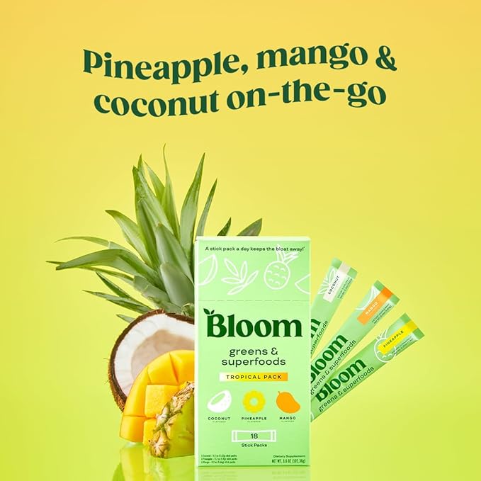 Bloom Nutrition Superfood Greens Powder Stick Packs, Digestive Enzymes with Probiotics and Prebiotics, Gut Health, Bloating Relief for Women, Chlorella, Green Juice Mix, 18 SVG, Tropical Variety