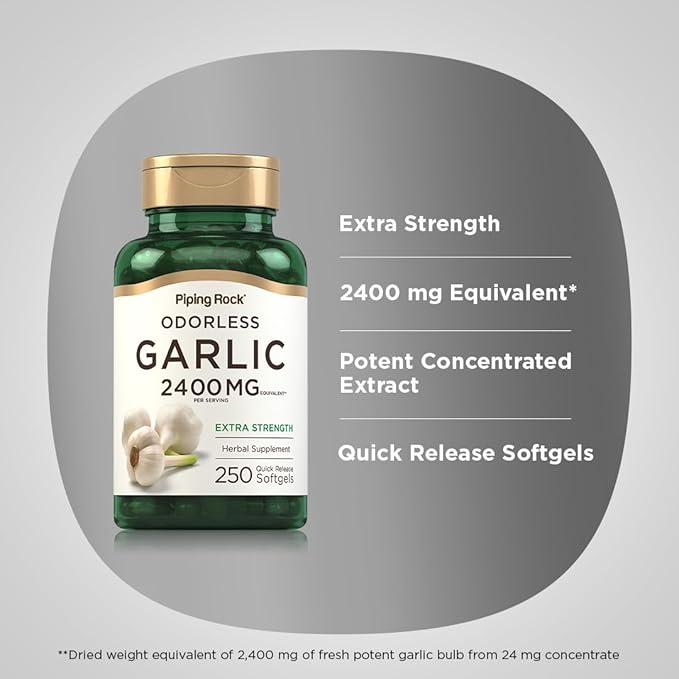 Piping Rock Odorless Garlic Softgels 2400mg | 250 Pills | High Potency Extract | Herbal Supplement | Non-GMO, Gluten Free