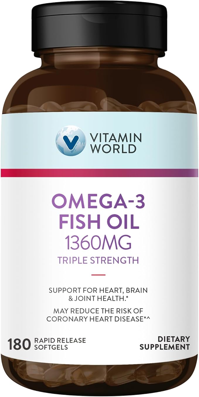 Vitamin World Triple Strength Omega 3 Fish Oil 1360 mg Supplement, 950 mg Active Omega-3 Fatty Acids with EPA & DHA, Supports Heart, Brain & Joint Health, Gluten Free, 180 Softgels, 6 Months Supply