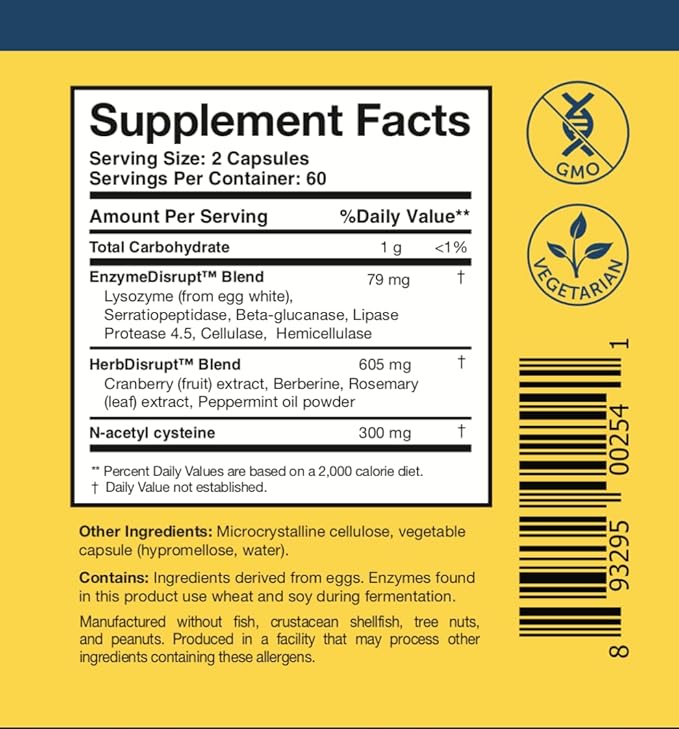 Researched Nutritionals BioDisrupt - Disrupt Biofilm Matrices - Clinically Researched Formula with EnzymesDisrupt Enzyme Blend, Cranberry Extract & N-Acetyl Cysteine (120 Capsules)