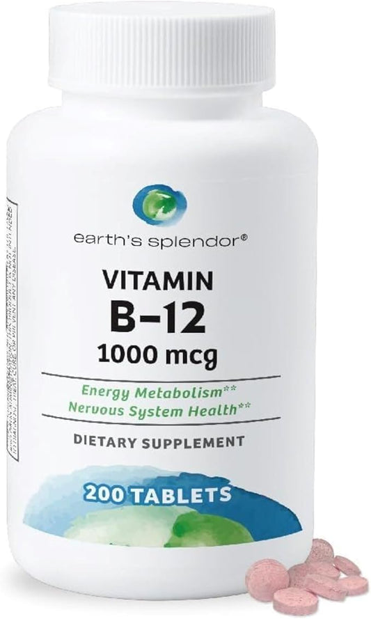 Earth's Splendor Energy Supplements, with Vitamin B12, Dietary Supplements, No Artificial Color or Flavor, Gluten Free, Energy Metabolism Support (1000mcg, 200 Tablets)