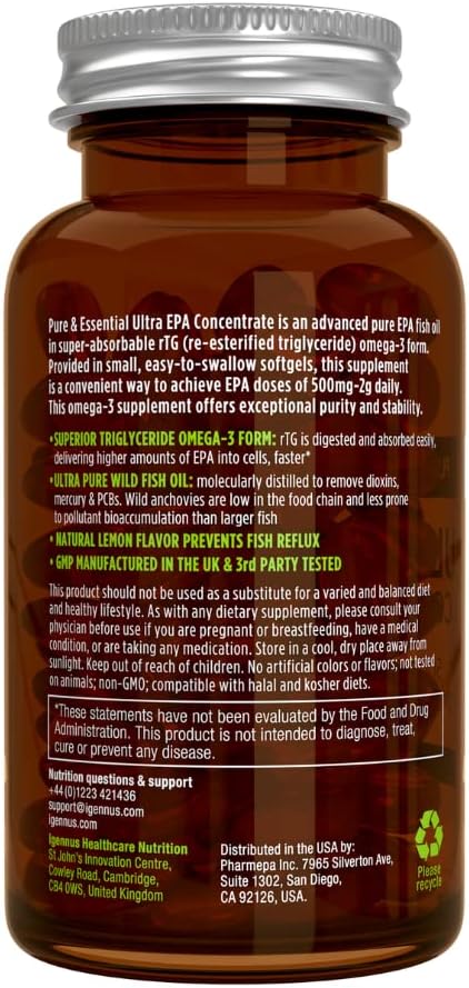 Igennus Ultra Pure Omega-3 EPA 500mg, Highly Concentrated IFOS Certified Wild Fish Oil, Advanced rTG Triglyceride Form, Non-GMO, 180 Small Softgels