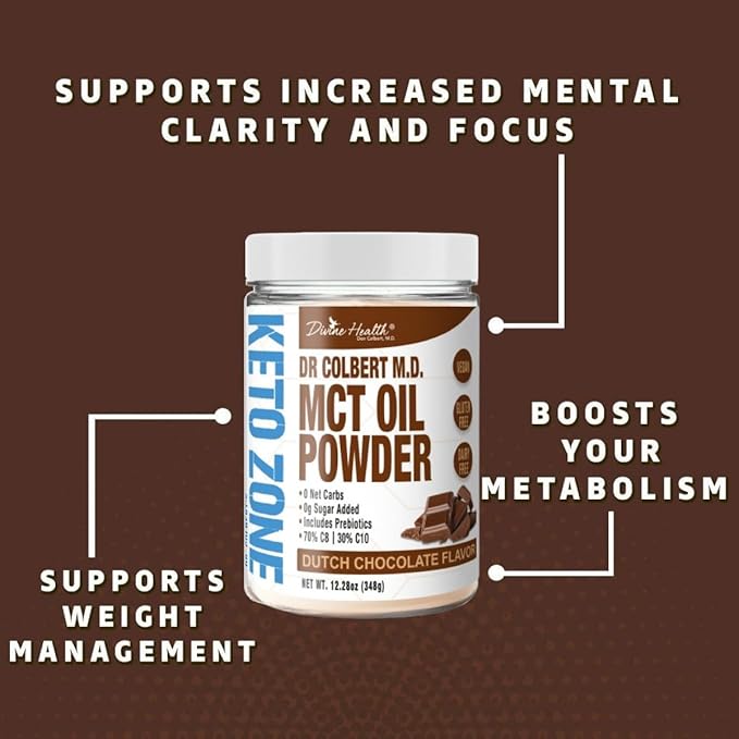 Divine Health Dr. Colbert's Keto Zone MCT Oil Powder | Dutch Chocolate Flavor | 70% C8 | 30% C10 | All Natural Keto Approved for Ketosis | 0 Net Carbs | Gluten Free | 30 Day Supply | 348g |