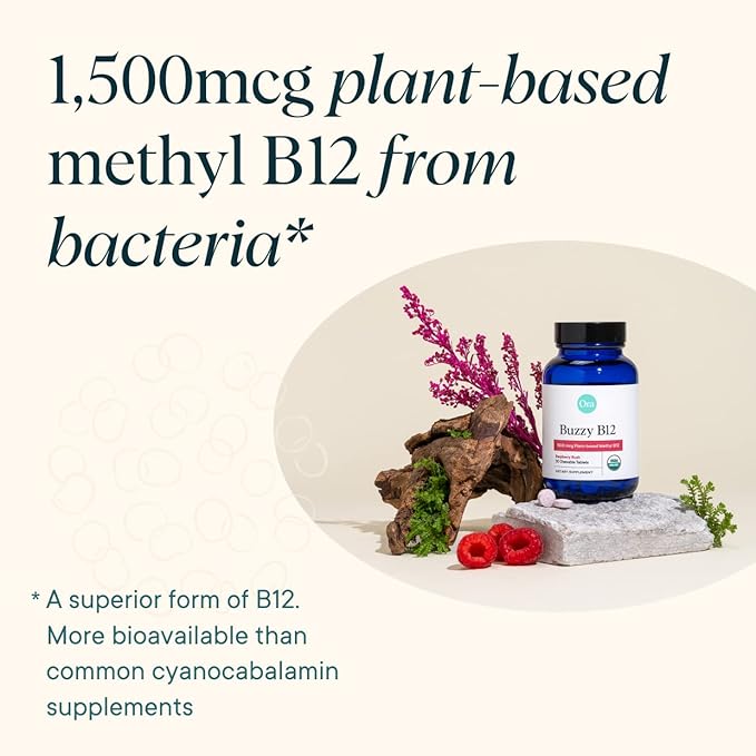 Ora Organic Vitamin B12 1500mcg - Plant-Based methylcobalamin for Adults - Natural Stimulant-Free Energy, Raspberry Flavor chewable Tablets, no Added Sugar - 30 Tablets