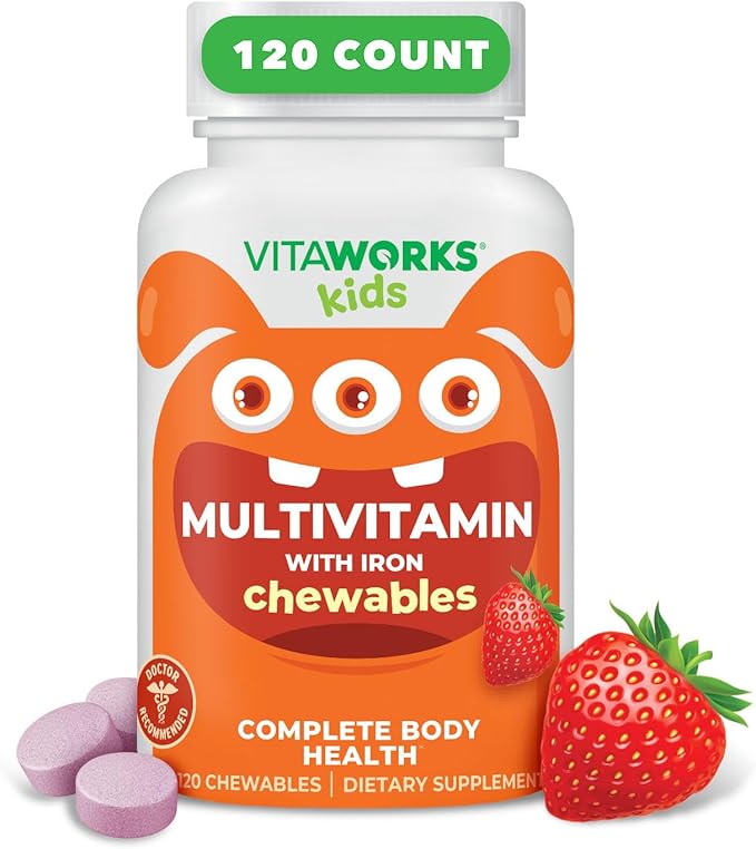 Kids Multivitamin with Iron & Minerals Chewable Tablets - Mixed Fruit Flavor - Vegetarian, GMO-Free, Nut Free - Dietary Supplement - Digestive Support for Children - 120 Chewables",