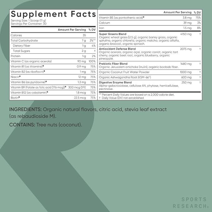 Sports Research® Organic Greens Superfood Powder w/Spirulina & Chlorella, Adaptogens, Enzymes, Probiotics & 8 VIT Bs for Gut & Mood Support* - Vegan, Sugar-Free & Low-Cal Pineapple Coconut 30