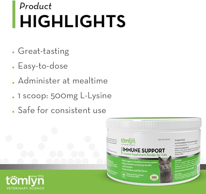 Tomlyn Immune Support Daily L-Lysine Supplement, Fish-Flavored Lysine Powder for Cats and Kittens, 3.5oz