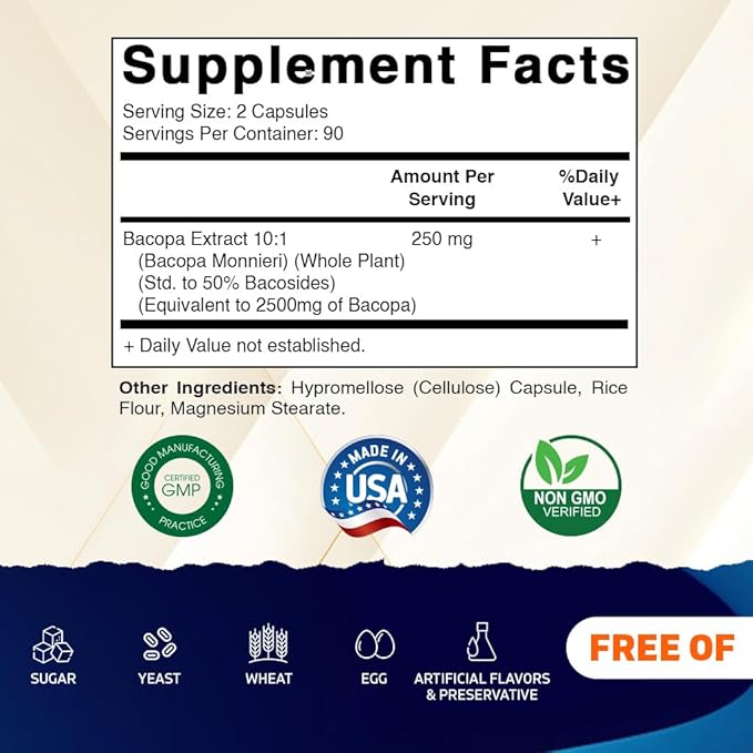 Vitamatic Bacopa Monnieri 2500 mg Equivalent Per Serving (from 10:1 Extract 250 mg) Nootropic Herbal Supplement - 50% Bacosides, Non-GMO & Gluten Free - 180 Vegetable Capsules