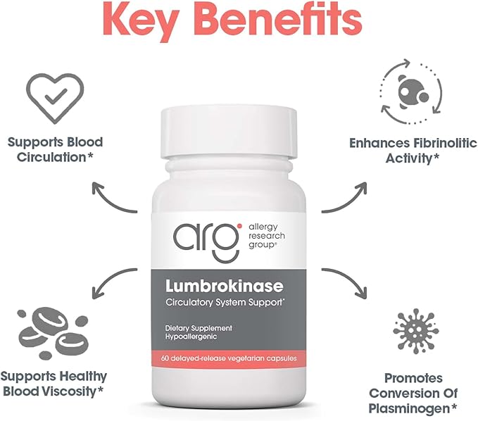 Allergy Research Group Lumbrokinase Supplement - Circulatory System Support, Supports Blood Circulation Already in The Normal Range - 60 Delayed Release Vegetarian Capsules