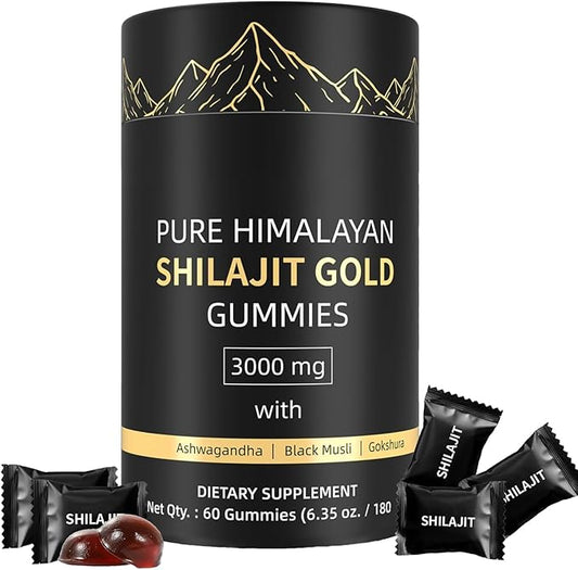 Shilajit Gummies, Pure Himalayan Shilajit Gummies Gold, No Added Sugar Non-GMO 100% Natural & Organic, Ashwagandha, Gokshura| Fulvic Acid & 85+ Trace Minerals for Men, Women | 60 Gummy