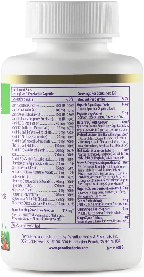 Paradise Herbs Earth's Blend Once Daily Multivitamin for Men, No Iron, 48 Organic Superfoods, Probiotics, Antioxidants, Vitamins A, B12, C, D, K2,120 Count