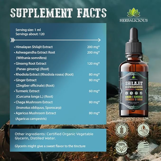 Shilajit Liquid Supplement with Ashwagandha, Cordyceps, Ginseng, Rhodiola, Turmeric, Chaga & Ginger – 8-in-1 Adaptogenic Herbal Drops for Energy, Stress Relief, Focus & Immune Support 4 fl oz