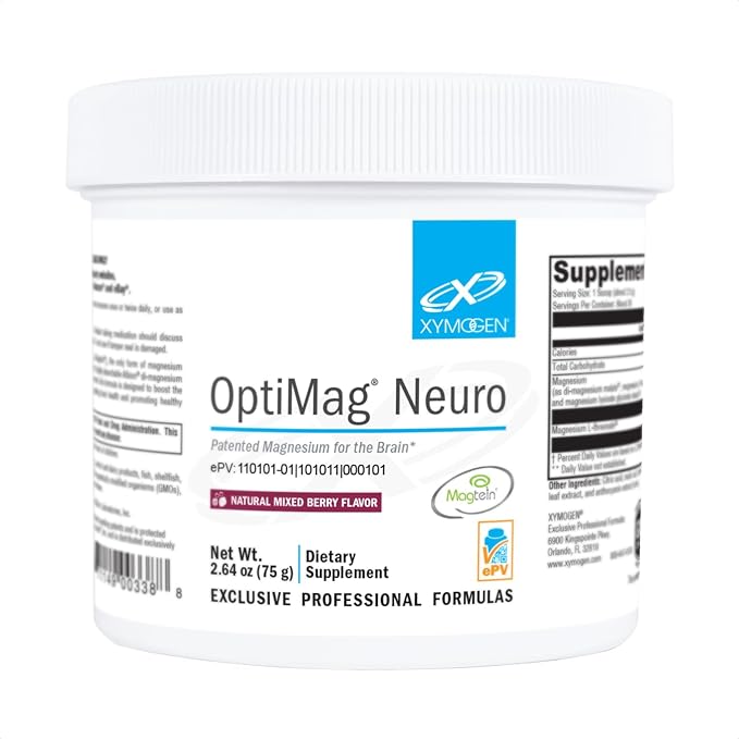 XYMOGEN OptiMag Neuro - Chelated Magnesium Powder - with Magnesium Glycinate & L-Threonate - Support Brain Health & Relaxation - Mixed Berry (30 Servings)