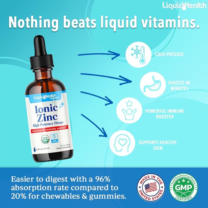 LIQUIDHEALTH USDA Organic Ionic Zinc High Potency Drops - Trace Mineral Liquid Vitamin Supplement for Adults, Kids - Immune & Digestive Support, Skin & Wound Health - USA Made, Vegan, Non-GMO (2 Pack)