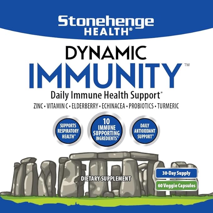 Stonehenge Health Dynamic Immunity Daily Supplement 10-in-1 Immune Boosters Zinc, Elderberry, Echinacea, Vitamin C & Probiotic L. Acidophilus – Supports Immune System & Respiratory Health, 60 Capsules