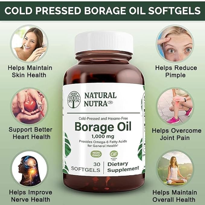 Natural Nutra Borage Oil, Maintain Skin Health, Support Heart Health, Improves Nerve Health, Help Reduce Pimple, Help Overcome Joint Pain, Omega 6 Essential Fatty Acids Supplement 30 Soft gels.