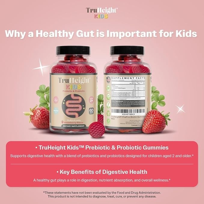 TruHeight Kids Prebiotic & Probiotic Gummies Ages 2+ (Strawberry Flavor) Toddlers & Kids All Natural Supplement for Digestive Health, Gut & Constipation Relief - Endorsed by Pediatricians Vitamins