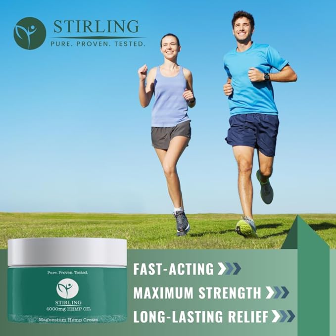 STIRLING Magnesium Cream - 4000mg Hemp Oil + Magnesium & Arnica - Promotes Relief for Joint and Muscle Discomfort, Back Support, and More - Made in USA with Premium Ingredients