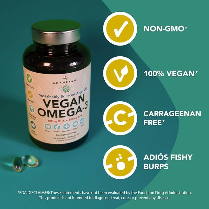 AMANDEAN Vegan Omega 3 Supplement. Premium Fish Oil Alternative. Algae DHA & EPA. Carrageenan Free Softgels. Algal Essential Fatty Acids. Plant Based Heart, Brain, Eye, Skin, Immune Support. (120ct)