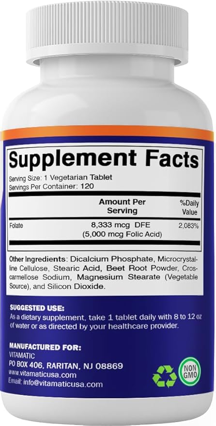 Vitamatic Folic Acid 5mg (5000 mcg) – 120 Vegetarian Tablets per Bottle – Vitamin B9 (Folate) – 3-Pack | Total 360 Tablets