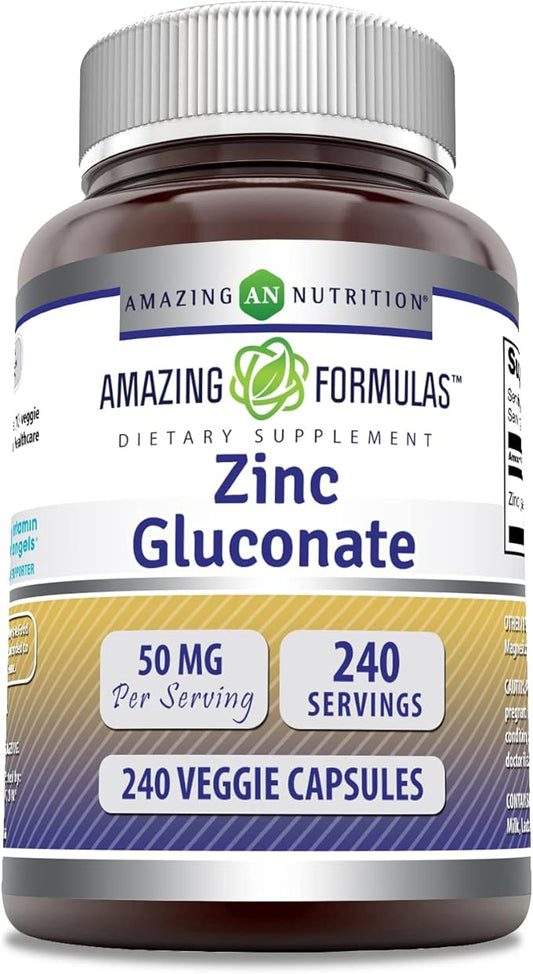 Amazing Formulas Zinc Gluconate Supplement | 50 Mg Per Serving | 240 Veggie Capsules | Non-GMO | Gluten Free | Made in USA