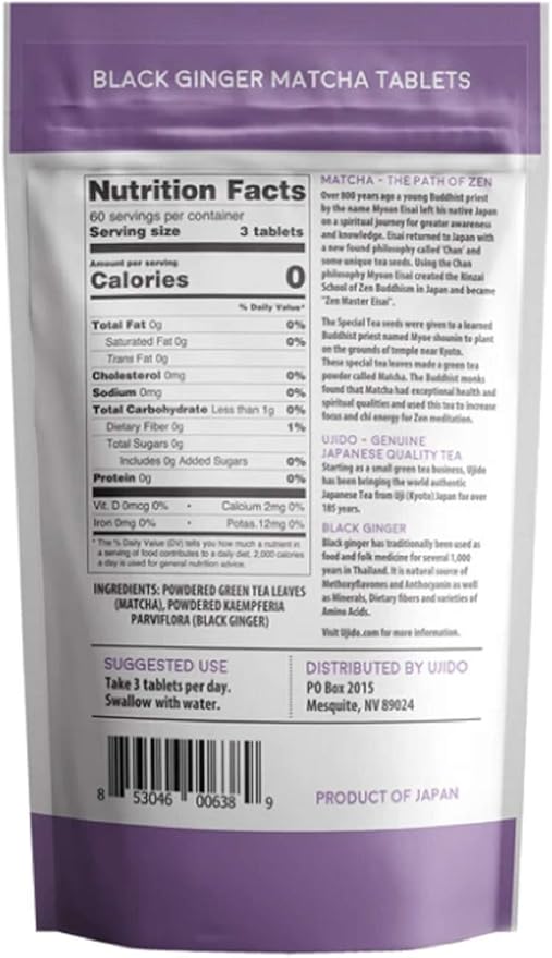 Ujido Black Ginger Matcha Tablets, 180 Tablets – Japanese Matcha Powder – Thai Black Ginger – Hand-Picked Green Tea Leaf Powder – Antioxidant Superfood – Natural Caffeine, Chlorophyll, & EGCG