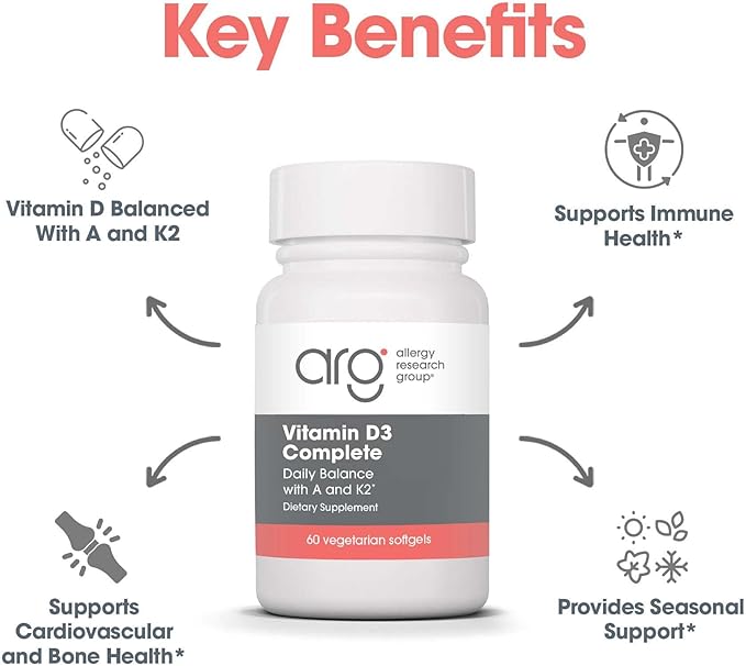 Allergy Research Group Vitamin D3 Complete - Vitamin D3 and K2 Supplement, Daily Balance, with Vitamin A, DeltaGold Tocotrienols, High Potency, Veggie Softgels - 60 Count