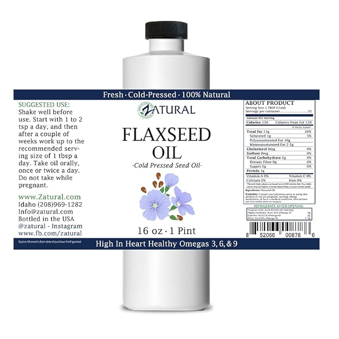Zatural Flaxseed Oil Organically Grown 100% Pure Flax Seeds Cold Pressed Vegan Omega Fatty Acids 16oz