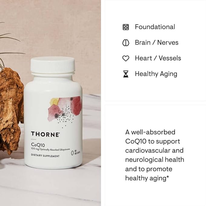 THORNE CoQ10 (Formerly Q-Best 100) - 100mg Optimally Absorbed Ubiquinone - Gluten-Free Dietary Supplement Support for Heart Health & Brain Function* - 60 Gelcaps