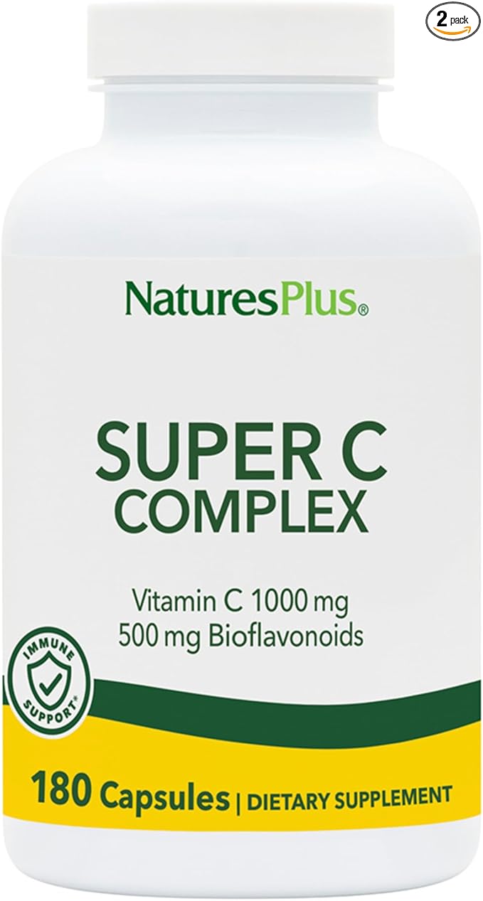 Natures Plus Super C Complex - 180 Capsules, Pack of 2 - with 1000 mg Vitamin C & 500 mg Bioflavonoids - Vegan, Gluten Free - 180 Total Servings