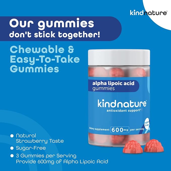Kind Nature Alpha Lipoic Acid Gummies - Vegan, Sugar-Free, Low Calorie 600 mg ALA Supplement - Pure ALA Alpha Lipoic Acid 600mg for Antioxidant Support