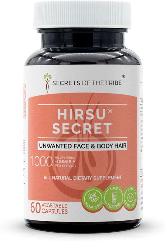 Hirsu Secret 60 Capsules, 1000 mg, Saw Palmetto, Black Cohosh, Vitex, Spearmint, Lavender, Green Tea. Unwanted Face & Body Hair (60 Capsules)