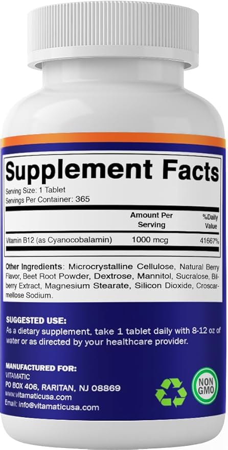 Vitamatic Vitamin B12 1000 mcg Fast Dissolve – 365 Tablets – Natural Berry Flavor – Supports Energy Metabolism & Nervous System Health