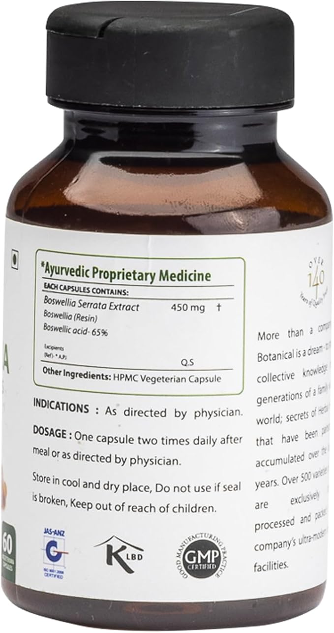 bixa BOTANICAL Ayurvedic Natural Herbal Supplement Boswellia Serrata Extract Pure Premium Quality 65% Boswellic Acid (450 Mg 60 Veg Capsules) | Better Bone Health