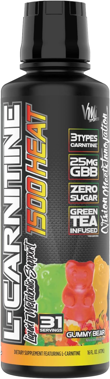VMI Sports L-Carnitine 1500 Heat Liquid Enhanced Thermogenic | 1500 mg Carnitine | Maximum Absorption Formula | Great Taste for Men & Women | 31 Servings (Gummy Bear)