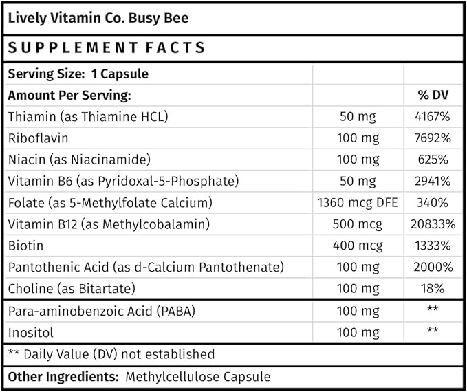 LIVELY VITAMIN CO. Busy Bee - Highly Bioavailable Vitamin B Complex with Choline - Energy - Stress - Brain Fog - Mental Clarity - Oxidative Damage - Dairy Soy Gluten Free - 90 Vegan Capsules