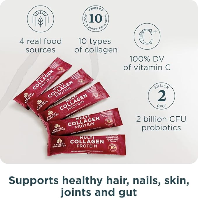 Ancient Nutrition Collagen Peptides Powder, Multi Collagen Protein, Women & Men, Vitamin C, Probiotics, Hydrolyzed Collagen, Supports Skin, Joints, Gut Health, Unflavored, 40 Stick Packs