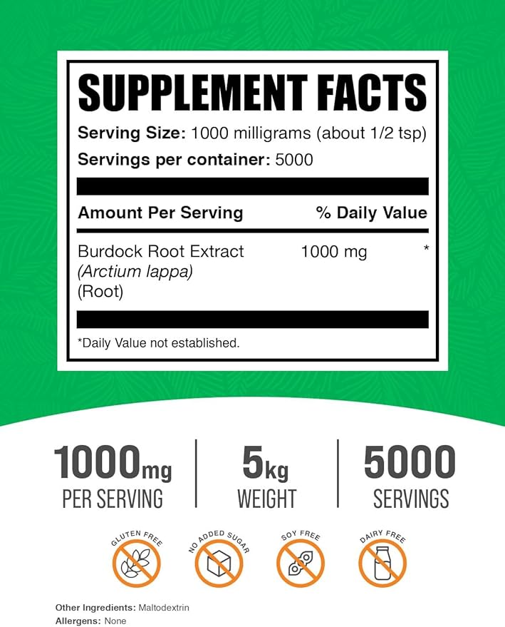 BulkSupplements.com Burdock Root Extract Powder - Burdock Root Supplement, Burdock Root Powder - Herbal Supplement, Gluten Free, 1000mg per Serving, 5kg (11 lbs) (Pack of 5)
