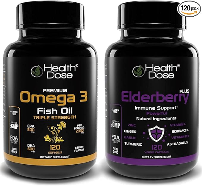 Premium Immune Support Bundle by Health Dose, Omega 3 Fish Oil Triple Strength, Gluten-Free, Non-GMO, 120 Softgels + Elderberry Plus 11 in 1, Defense Immune Support Booster, 120 Chlorophyll Capsules.
