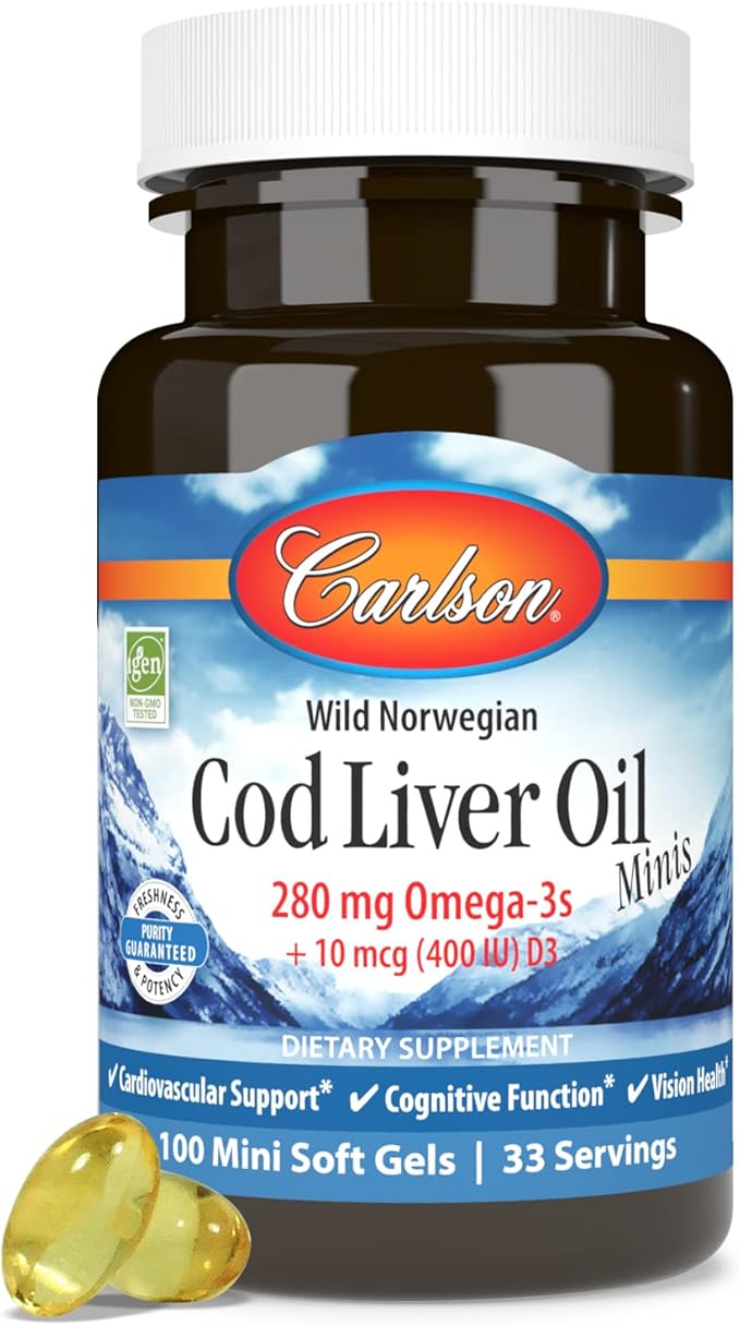 Carlson - Cod Liver Oil Minis, 280 mg Omega-3s + Vitamins A & D3, Heart Support & Cognitive Function, Vision Health, 100 Mini Softgels