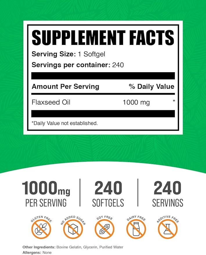 BulkSupplements.com Flaxseed Oil Softgels - Flaxseed Supplement, Flaxseed Oil 1000mg Softgels - Herbal Supplement, Gluten Free, 1 Softgel per Serving, 240 Count (Pack of 1)
