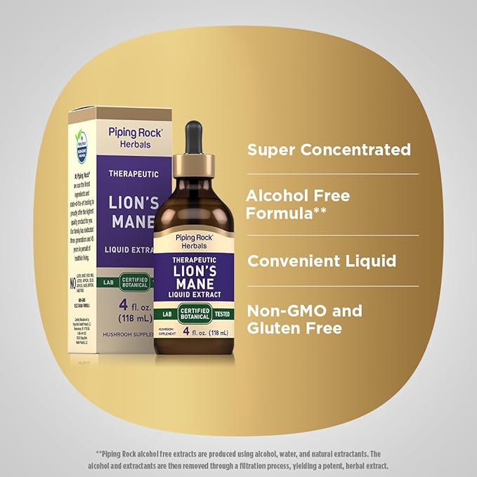 Piping Rock Lions Mane Mushroom Liquid Extract | 4 Fl Oz | Alcohol Free, Vegetarian Supplement | Non-GMO, Gluten Free Tincture