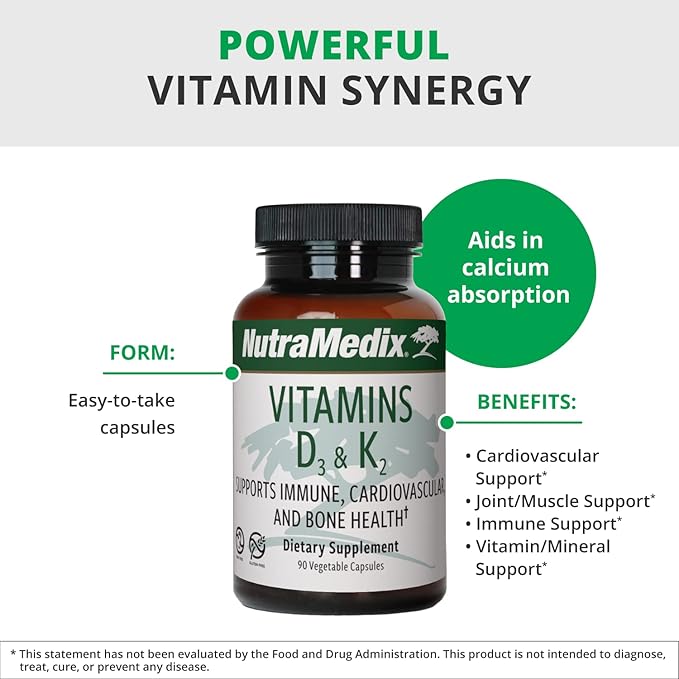 NutraMedix Vitamin D3 and K2 Immune Support Supplement for Women & Men - Help Support Heart Health - Can Assist with Calcium Metabolism (90 Capsules)