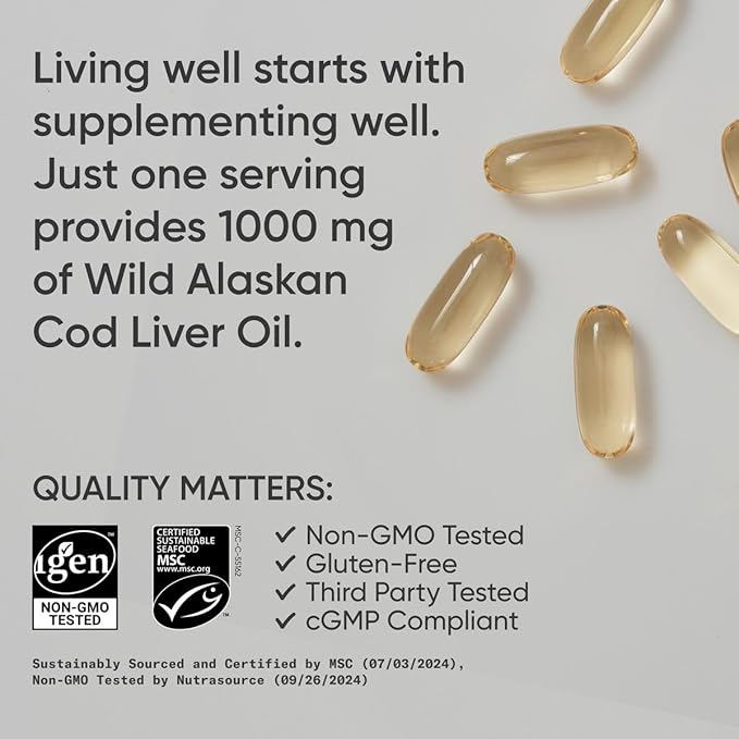 Sports Research® Omega-3 Wild Alaskan Cod Liver Oil 1000mg with Vitamins A (1000 IU) & D3 (400 IU) - Burpless, Bovine Free, Non-GMO, & MSC Certified Sustainable - 120 Softgels