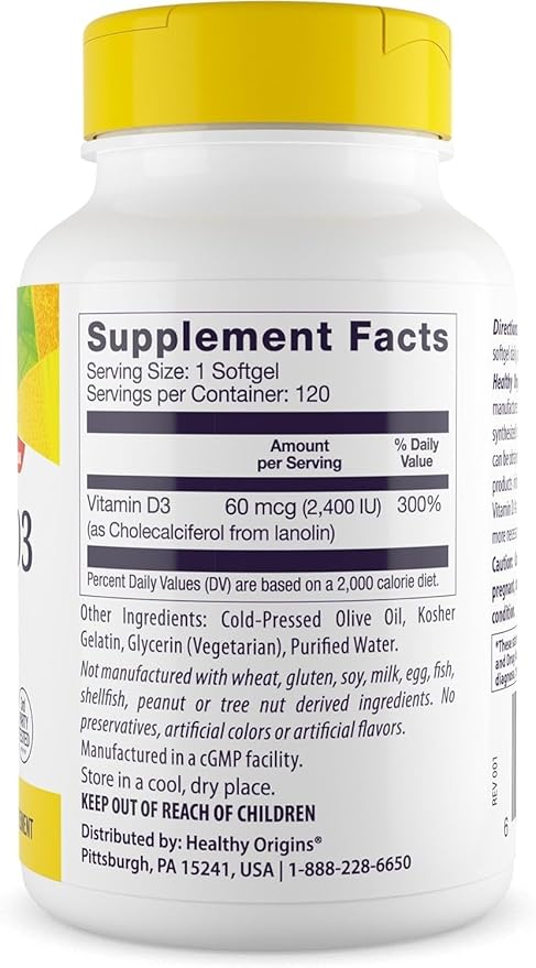 Healthy Origins Vitamin D3 (Lanolin) 2,400 IU Softgel - Bone Health and Immune Support Supplement - Easily Absorbable Vitamin D Supplements - Gluten-Free Vitamin D3 Supplement - 120 Softgels