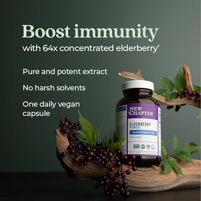 New Chapter Vegan Elderberry Capsules with 64x Concentrated Black Elderberry + Black Currant for Comprehensive Immune Support, Non-GMO Project Verified, Gluten Free, Certified Vegan, 30 Count