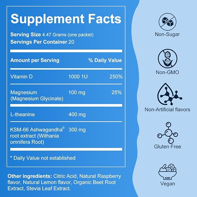 Calm Powdered Drink Mix, Cortisol Drink Mix Adaptogenic, Raspberry Lemonade Drink, L-Theanine, Ashwagandha, Magnesium Glycinate